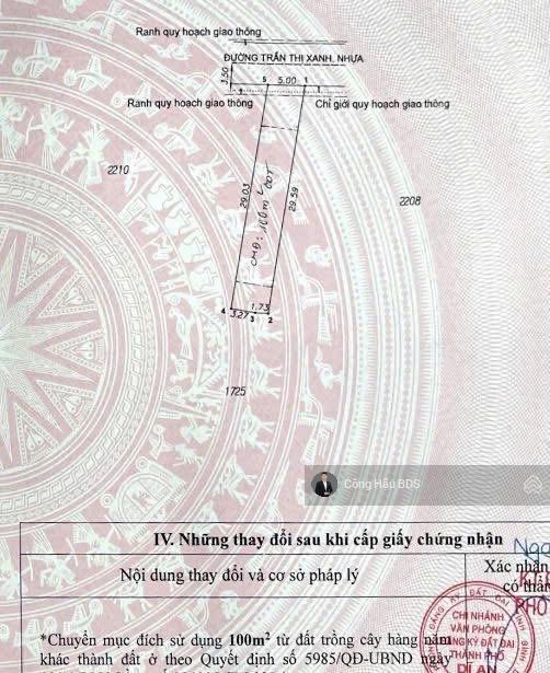 Bán đất mt trần thị xanh gần bv tp. dĩ an. dt 145.7m2 (5x29m). odt 100m2 đường 7m. giá 5.05 tỷ