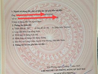 1.65tỷ sở hữu ngay mảnh đất 76m2 mặt tiền 4,65m tại long châu yên phong bắc ninh, oto vào tận nhà