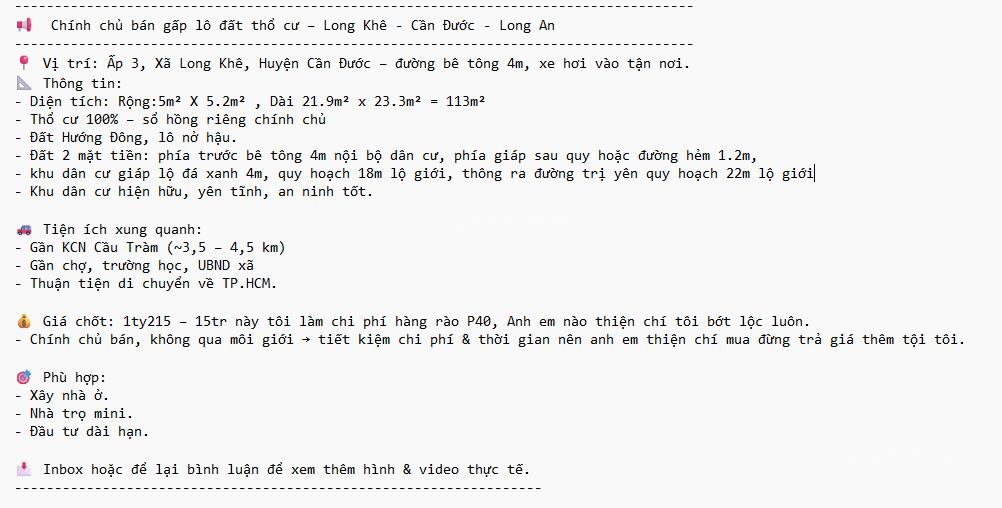 Bán đất giá tốt 113m2 thổ cư 1 tỷ 1,190 long khê  thương lượng giá thật vị trí thật