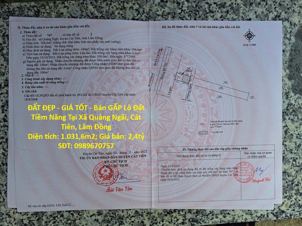 ĐẤT ĐẸP - GIÁ TỐT - Bán GẤP Lô Đất Tiềm Năng Tại Xã Quảng Ngãi, Cát Tiên, Lâm Đồng