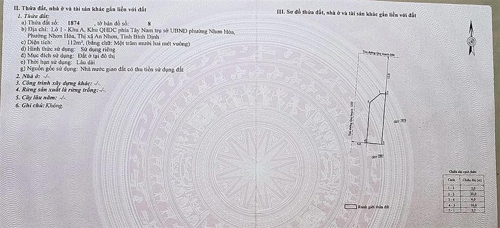 Bán lô góc đất nền 112m2 khu qhdc tây nam ubnd nhơn hòa, an nhơn, bình định, giá chất chỉ 1,1 tỷ