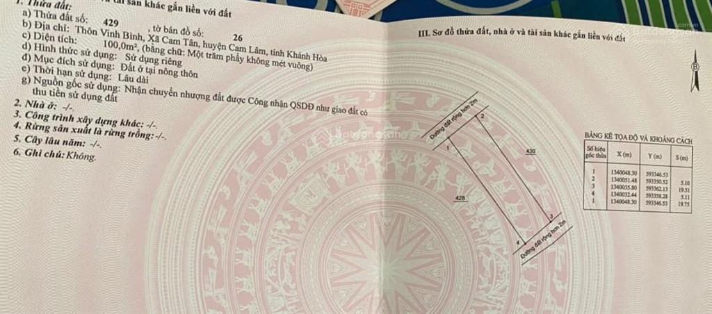 Đất full thổ cư 100m2 gần chợ cam tân, cam lâm vùng an toàn