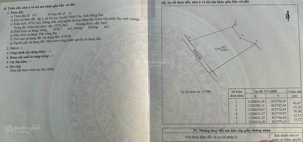 Bán hơn 1000m2 đất xã trị an, mặt tiền 33m