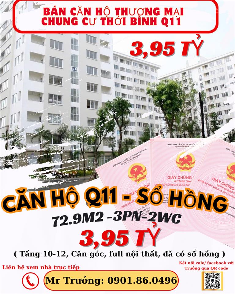 Bán căn hộ q11 căn góc 72,9m2 3pn 2wc giá 3.95tỷ sổ hồng