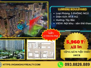 Ch 3pn rẻ nhất  chỉ gần 6 tỷ  lumiere boulevard  view nội khu, sân thể thao