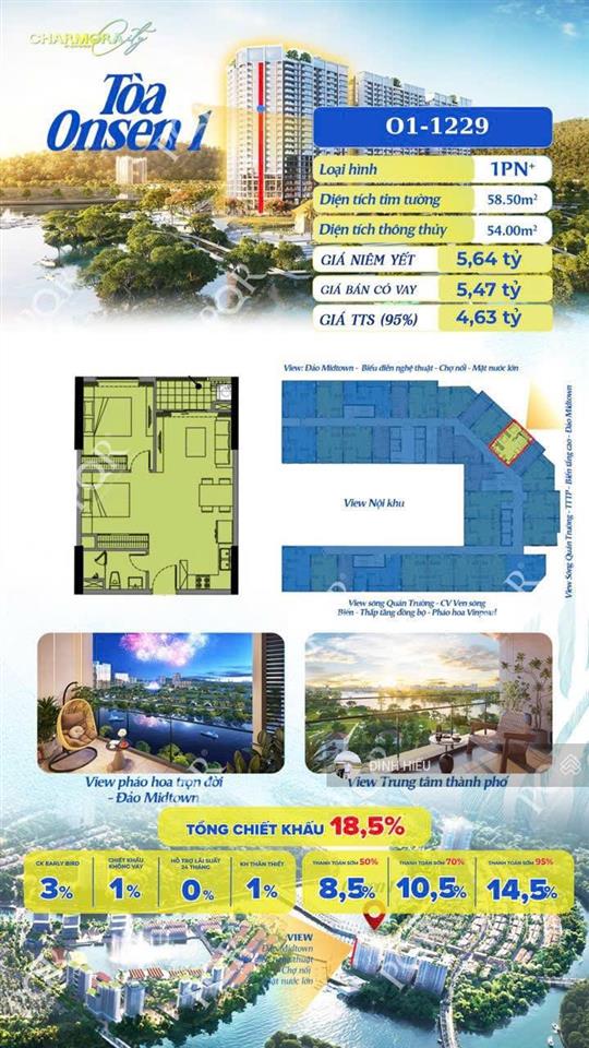 Căn 1pn + view ngắm pháo hoa, công viên sun nha trang, 54m2, 4.63 tỷ