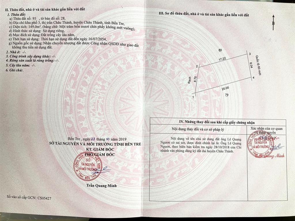 Chính chủ bán mặt tiền ql60, cầu ba lai 2 hướng về tp bến tre