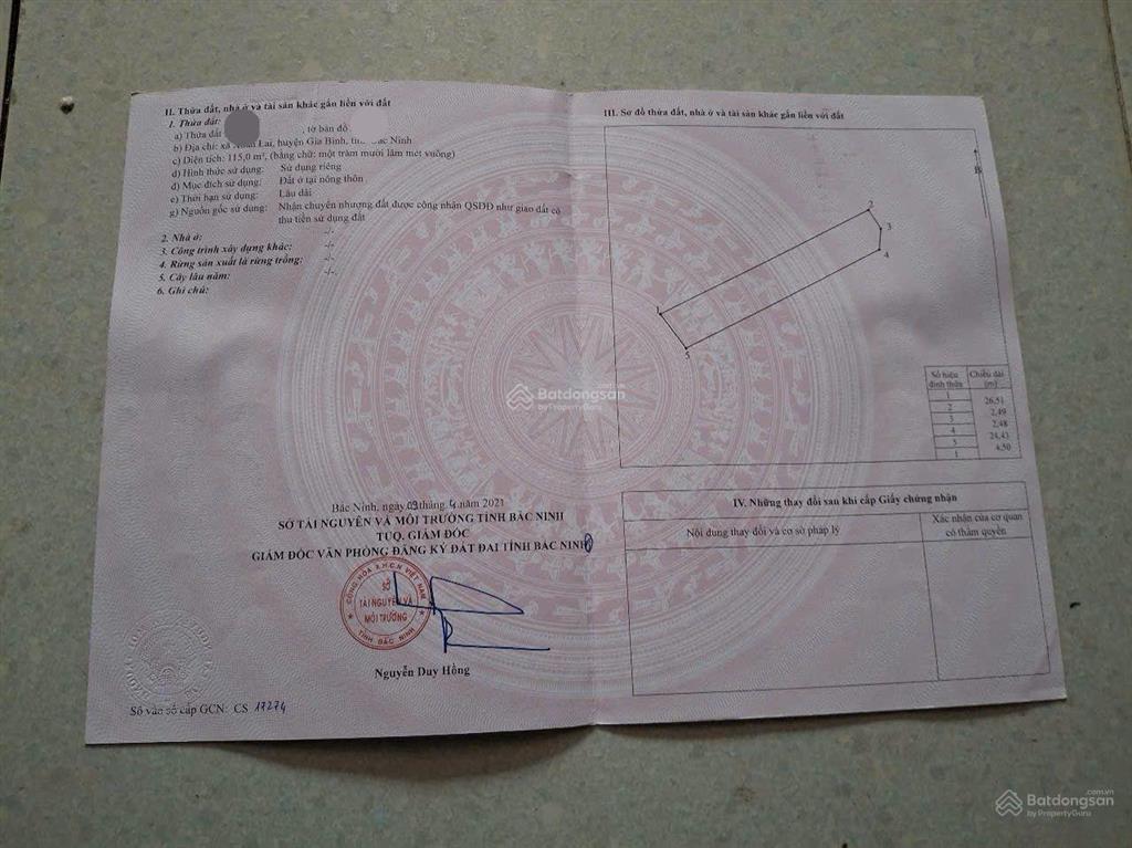 Bán đất vàng thôn gia bình bắc ninh dt 115m2, mt 4m50 ô tô thông 300m ra quốc lộ cách sân bay 1km