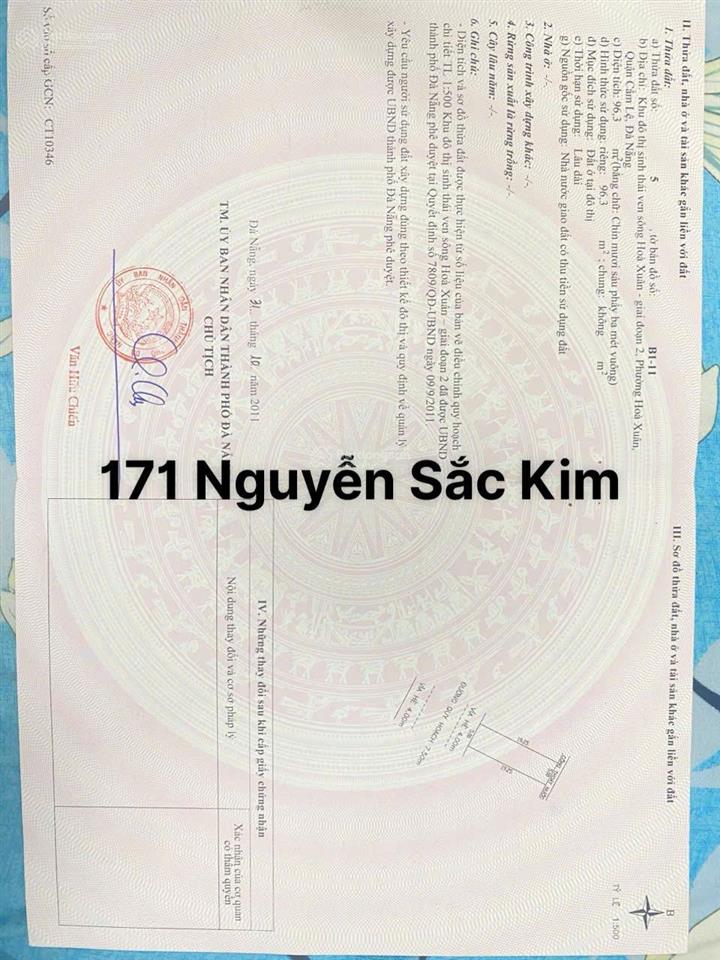 Bán đất đường 7.5m nguyễn sắc kim, hòa xuân gần cầu khuê đông 96,3m2 giá 4.75 tỉ tl