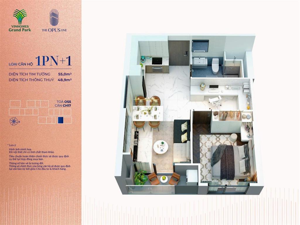 1pn+ 60m2  opus one full nội thất cao cấp, giá chỉ 4,336 tỷ (bao gồm vat và kpbt), chiết khấu 14%