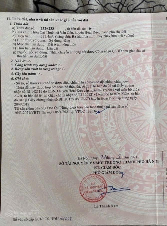 Mảnh đất đẹp tại vân côn hoài đức hà nội diện tích 337.4m2, full thổ cư, mt 18m.  0981 782 ***