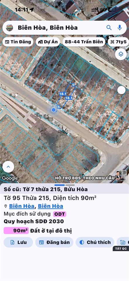 Chủ gửi bán lô đất tđc mới bửu hoà 5x18,1=90m² thổ cư 100% sổ riêng, đối diện công viên, đường 8m