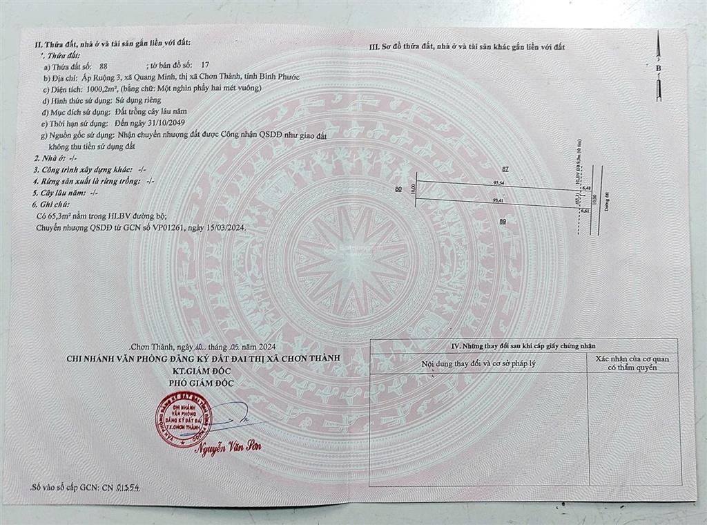 Giá 450 triệu  dt 10x100m = 1000m2 đất chơn thành  bình phước