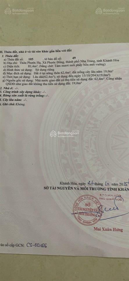 Bán đất thôn phước hạ, xã phước đồng, nha trang, dt 81m2 (62,4m2 đất ở), đường xe hơi, giá 1,2 tỷ