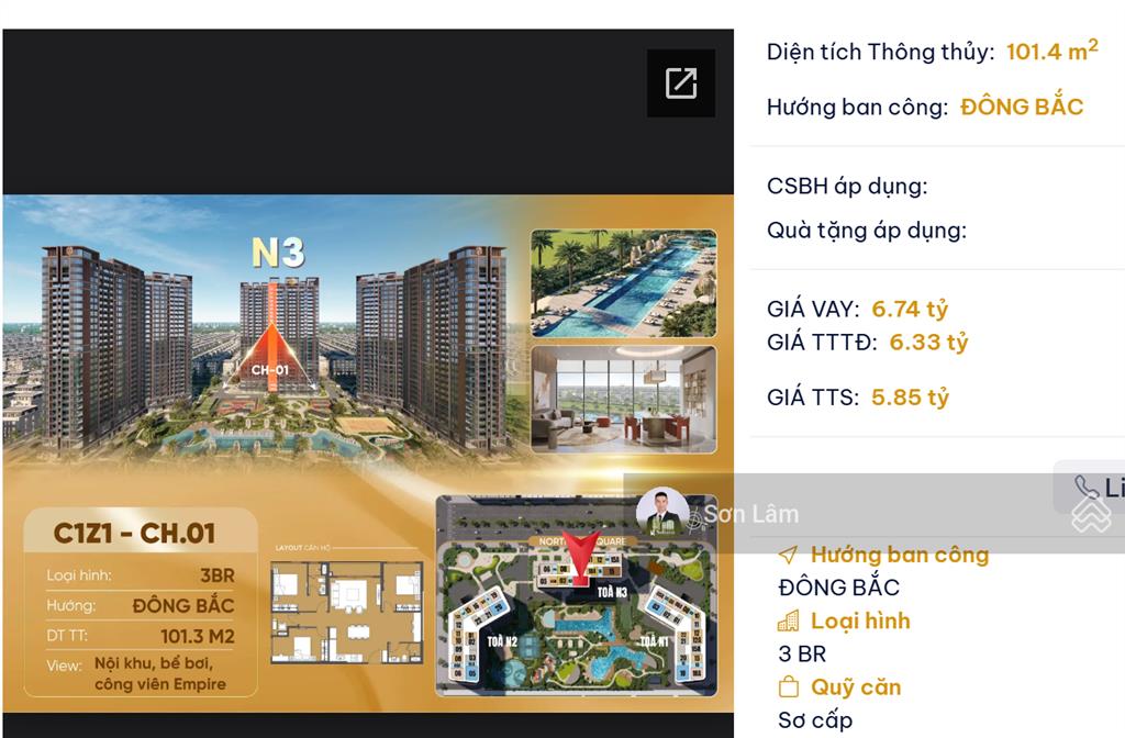 Mở bán 3 p ngủ góc trục 01 tòa n3 chung cư trinity square view bể bơi ban công đông nam