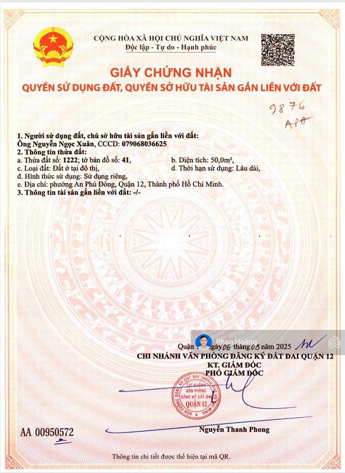 Đất đối diện chung cư an phú đông,vườn lài,4x12.5 thổ cư 50m2 xây dựng full,đường thông, giá 4.15tỷ