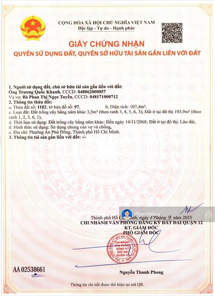 Bán 107,4m2 đất số 114 vườn lài,đối diện coffe kenbar, đường nhựa 7m, xây được cao tầng, giá 8.9tỷ
