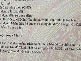 Bán đất tại điện hòa, điện bàn, quảng nam, giá 2,4 tỷ, diện tích 372m2, pháp lý đầy đủ