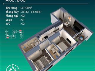 Vốn 210tr căn 2pn diện tích 62m2, 2 phòng ngủ mặt thoáng, không bị che chắn. giá tốt nhất bảng hàng