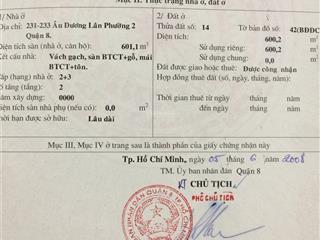 Bán nhà mt 231  233 âu dương lân, p. 2 quận 8, diện tích 600m2, giá 64 tỷ
