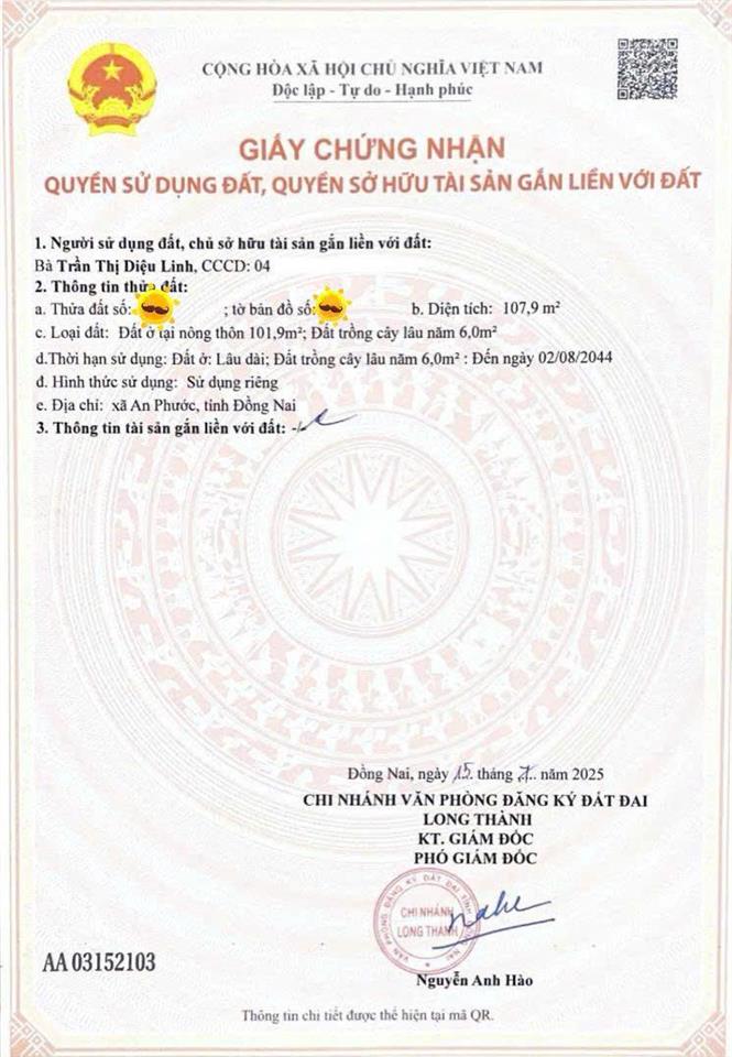 Chính chủ bán lô đất đẹp pháp lý chuẩn giá hợp lý, 107m2 an phước , giá 1ty3, gần sân bay