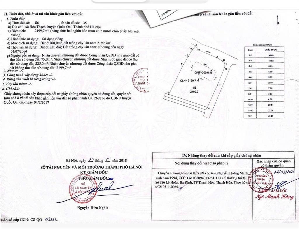 Cần bán lô đất tổng diện tích 2500/300 thổ cư. hòa thạch quốc oải. lô góc 3 mặt tiền. giá tốt