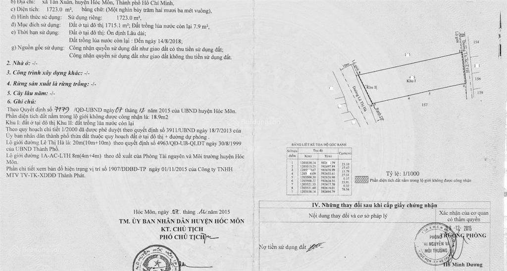 Đất cần bán 2 mặt tiền trước sau đường lê thị hà, dt 1723m2 tiện kinh doanh, sổ hồng riêng