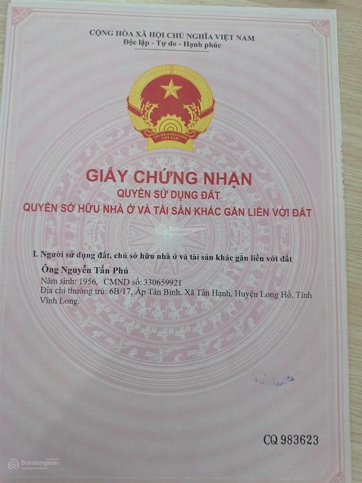 Bán đất sổ đỏ chính chủ, 1.600m2, mặt tiền ql1a, xã phú thịnh, h. tam bình, t. vĩnh long
