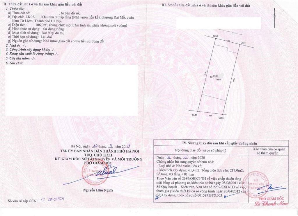 Chính chủ gửi bán lk đại mỗ, xây 4 tầng  106m2  18.5 tỷ, mặt tiền 6m, sổ đỏ, đường qh 40m
