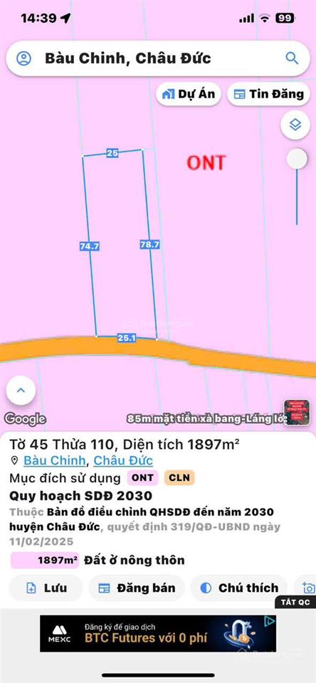 Bán đất đẹp xã kim long tp.hcm (bàu chinh, châu đức cũ) chỉ 2 tỷ 700 triệ
