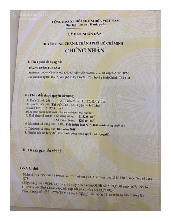 Bán gấp đất chính chủ  trung tâm bình chánh  dt 5.413m2  mặt tiền đường quốc lộ 1a chợ đệm