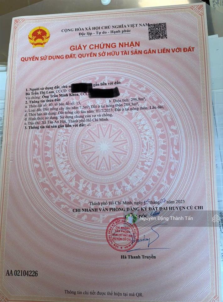 Ôm cứng chủ lô đất sổ mới ra lò 2025, rộng 296m2 đẹp vuông vức ngay trung tâm thị trấn củ chi, shr