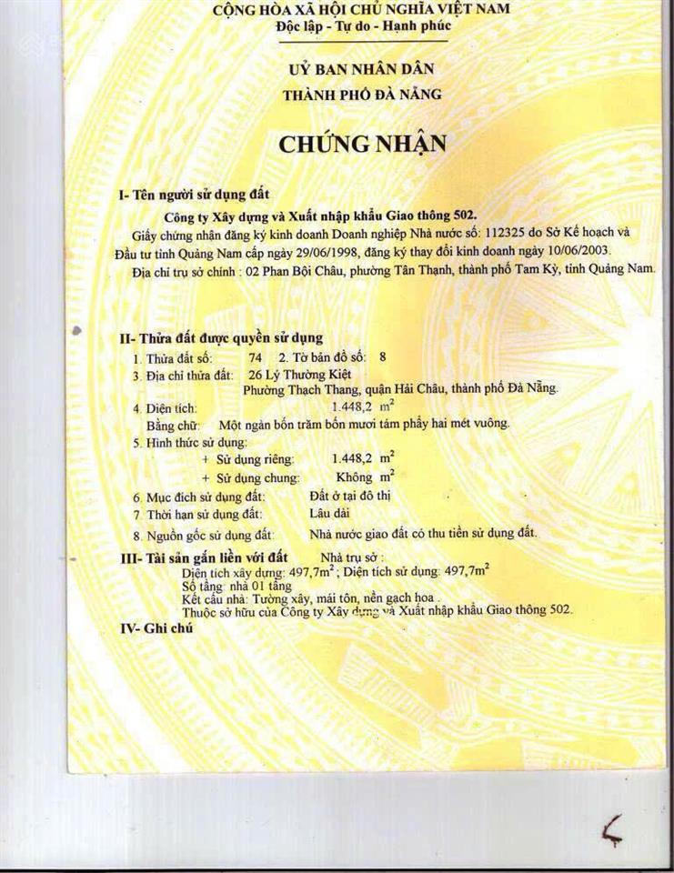 Cần bán lô đất vàng trung tâm đà nẵng 1448m2 đường lý thường kiệt