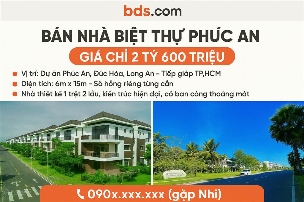 Bán biệt thự siêu đẹp phúc an villas đức hòa 2,8 tỷ  90m hỗ trợ vay ngân hàng