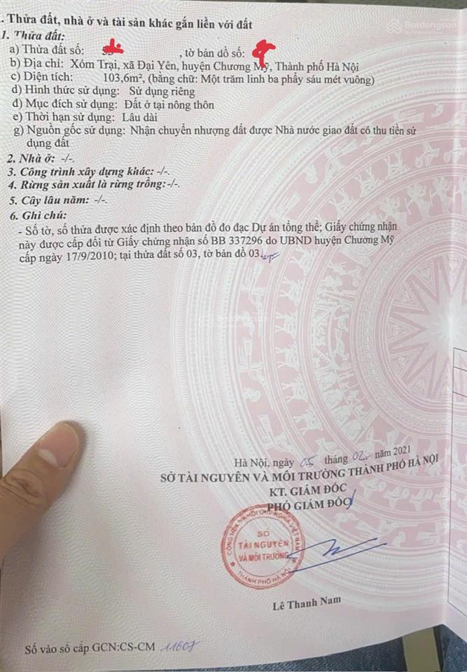 Chú em đang nhờ bán lô đất 103 m2 full thổ cư  đất đẹp nhất xã đại yên
