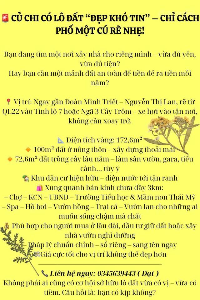 172m2 đất đẹp shr thổ cư sẵn ở thái mỹ, củ chi chờ chủ mới