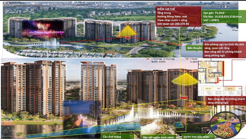 Gía tốt căn góc 2 phòng ngủ, view nhạc nước, công viên bờ sông tháp a2  x  11 masteri park place