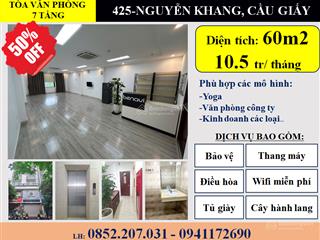 Cho thuê vp 60m2, 10,5tr mặt đường nguyễn khang, cầu giấy