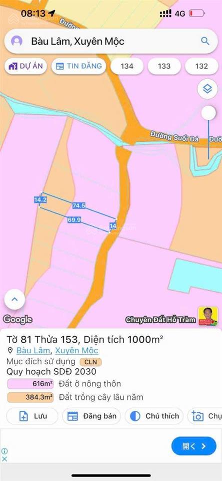 Đất gần hồ sông ray bàu lâm tp hcm đường nhựa diện tích 1000m2 phủ hồng đất ở