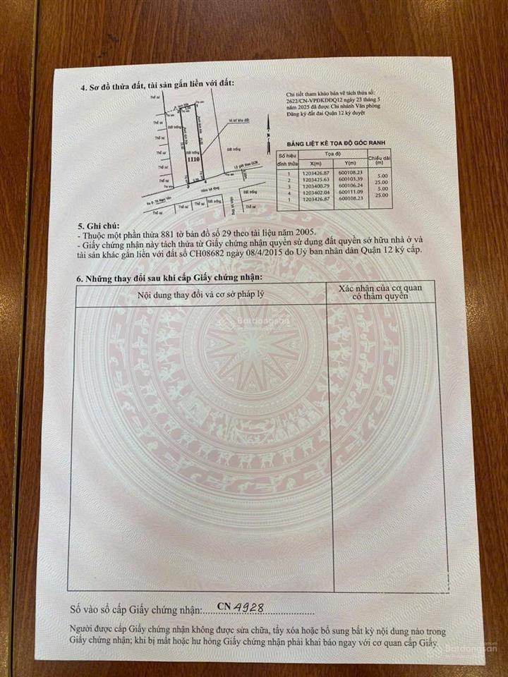 Đất ngang 5 thạnh xuân 25, q 12 tổng diện tích 125m2 đường 6m giá 5 tỷ 6 còn thương lượng