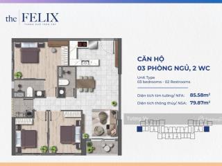Căn hộ the felix 3pn  2wc 85,58m2. chỉ 3,125tỷ/căn. góp 3,2tr/th, htls 2,5% trong 3 năm
