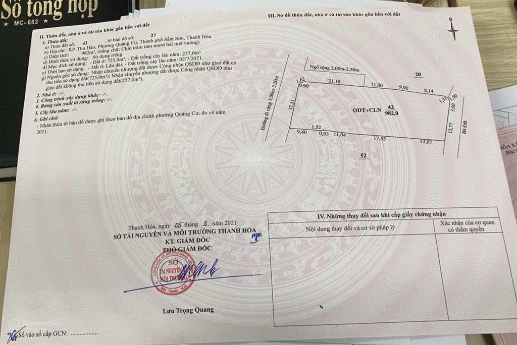 Chính chủ bán 982m2 đất ở chính chủ tại quảng cư, sầm sơn 0988 091 ***