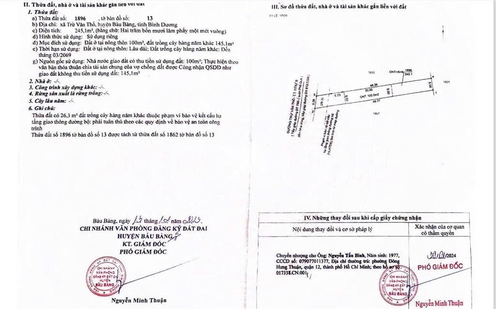 Bán đất sỗ sẵn, tổng 253m2 có 100m2 tc. mặt tiền đường nhựa thông. gần trường hoc và chợ...