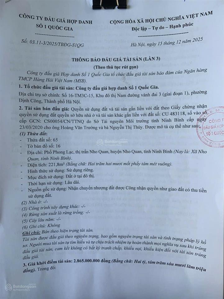 Công ty đấu giá hợp danh số 1 quốc gia thông báo bán đấu giá tài sản