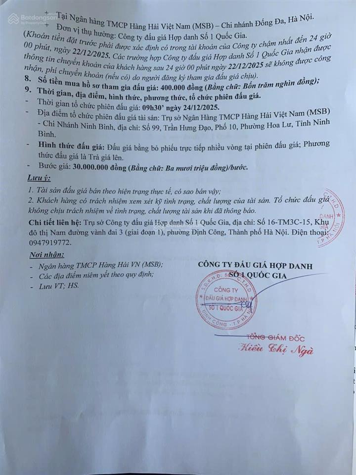 Công ty đấu giá hợp danh số 1 quốc gia thông báo bán đấu giá tài sản