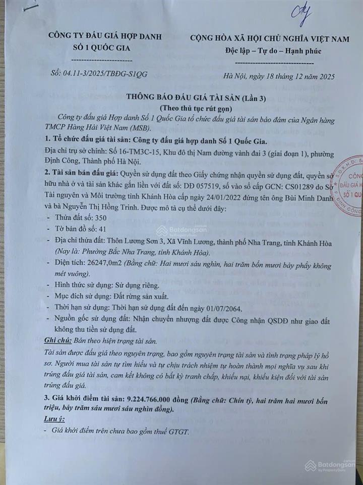 Công ty đấu giá hợp danh số 1 quốc gia thông báo bán đấu giá tài sản