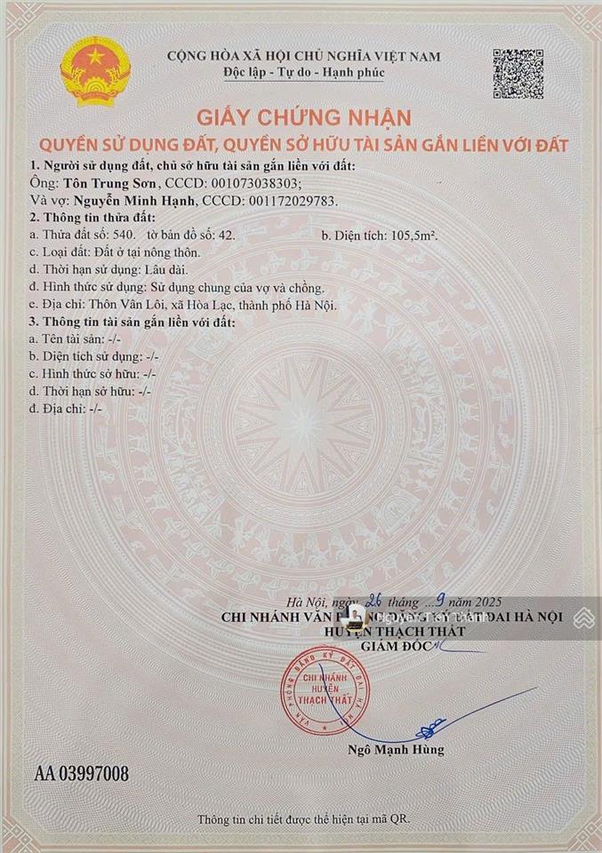 Chính chủ cần tiền bán gấp lô đất 3.5 tỉ tại thôn vân lôi  gần khu cnc hoà lạc  sổ đỏ cất két