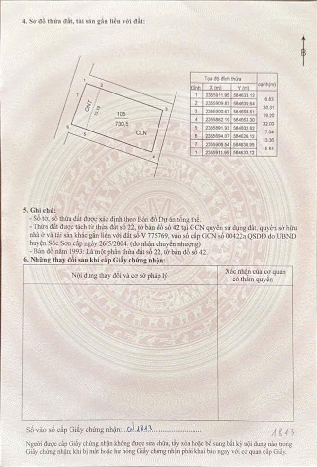 Chính chủ cần bán 730,5m2 đất thổ cư tại thôn thanh hà xã nam sơn cũ nay là xã trung giã hà nội.