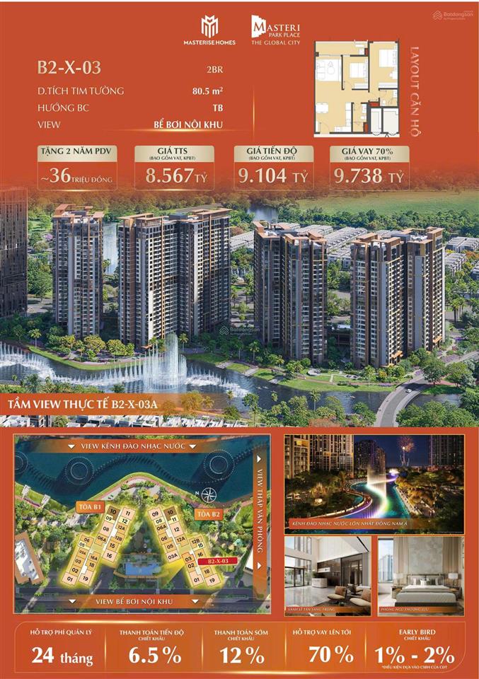 Giá nội bộ 1pn  2pn  3pn masteri park place chỉ từ 6,9 tỷ  view bể bơi nội khu  tặng 2 năm pdv