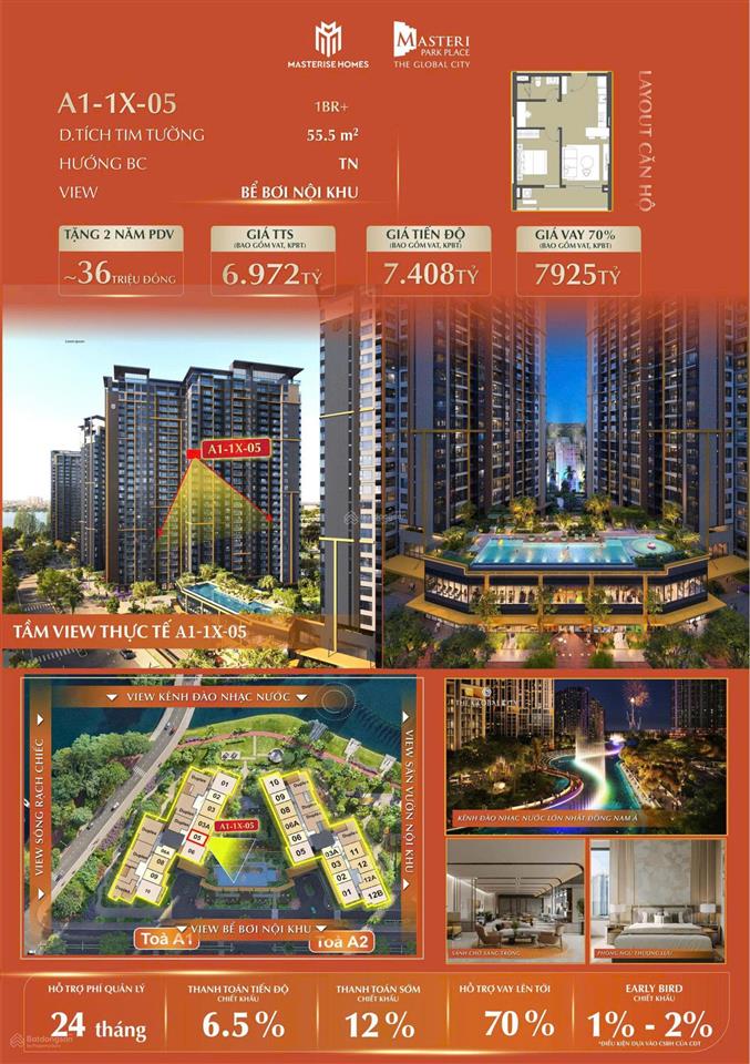 Còn đúng 1 căn 1pn cho vợ chồng trẻ  masteri park place  chiết khấu tới 12%  view bể bơi mát mẻ